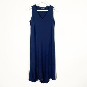 Sympli Navy Blue V-Neck Sleeveless Maxi Dress with Twist Hem